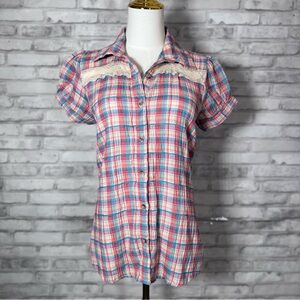 Fresh Brewed Western Farmhouse Lace Plaid Button-Down Shirt